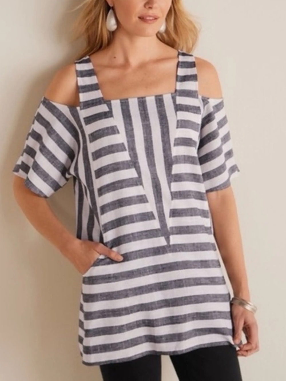Soft Surroundings Sunset Park XL Linen Blend Striped Cold Shoulder Tunic